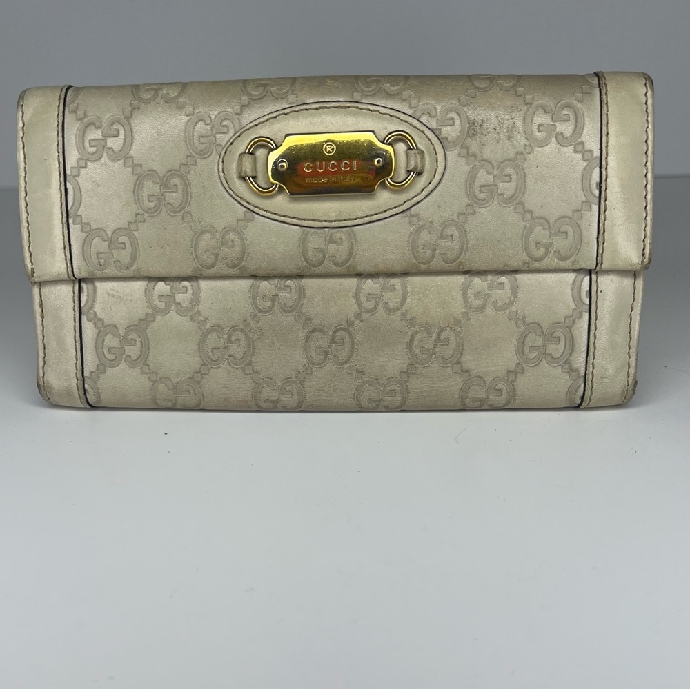 💜Gucci Cream/Beige Guccissima Gold Heart Snap Long‎ Wallet | PRELOVED💜